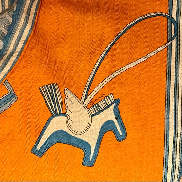 Hermès Orange Cashmere Silk Scarf – Equestrian Motif – NWT - Picture 4 of 8